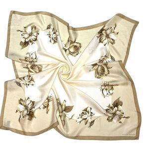 Ellen Tracy Silk Square Scarf Beige Taupe Roses Floral Print